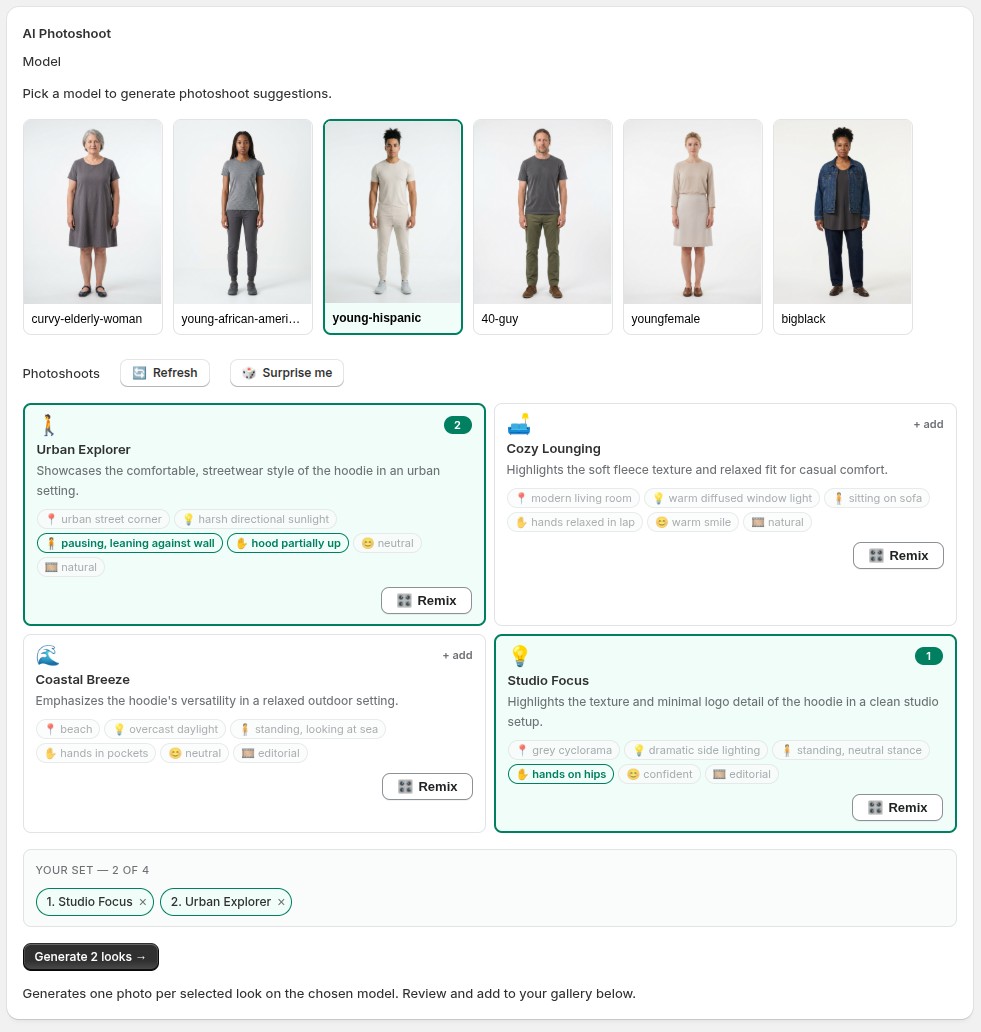 Picking a model and choosing AI-suggested photoshoots for a garment