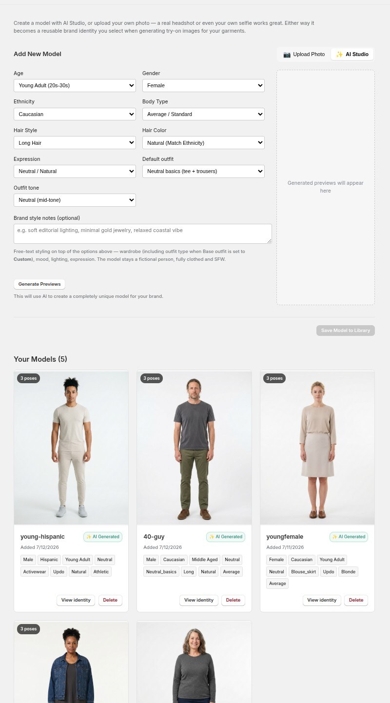 Building a model from age, body type, ethnicity, hair and outfit — with your reusable model library below