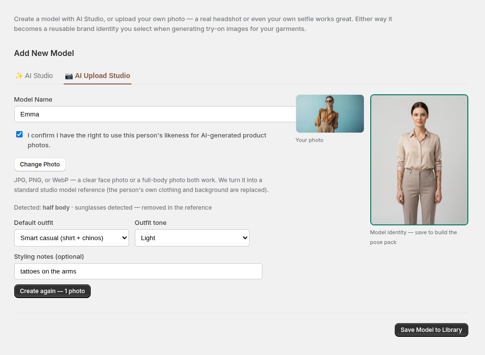 The AI Upload Studio: an uploaded photo turned into a clean studio model identity, with outfit options
