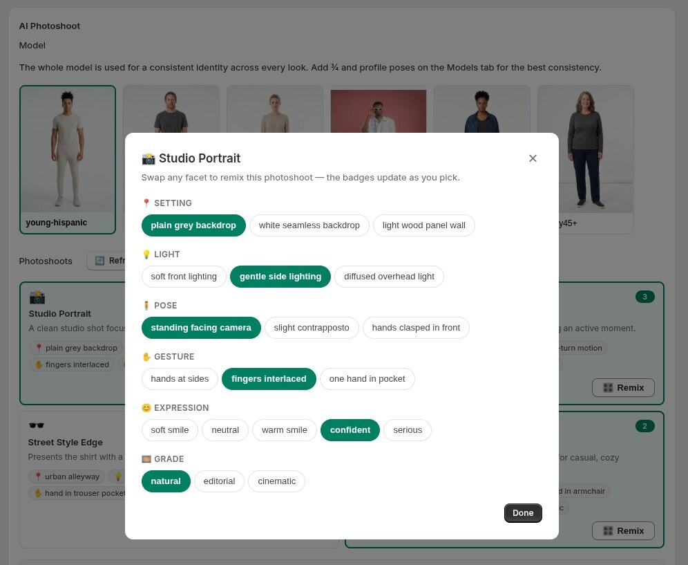 Remix a look — swap setting, light, pose, gesture, expression and grade, plus a per-look note